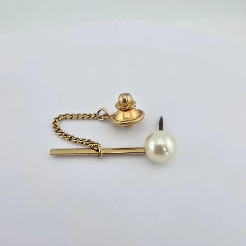 Vintage Faux Pearl Tie Tack Pin Buttonhole Barbell Chain Gold Tone FREE $HIP!!!